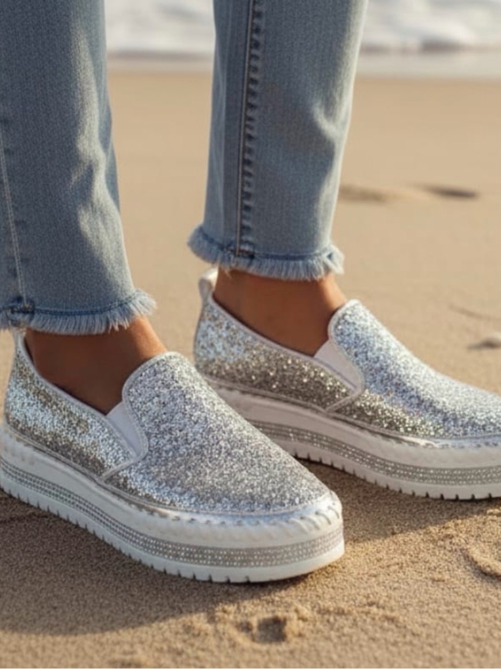Sequined Platform Slip-On Flats -Silver